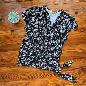 Loveappella // Floral Print Faux Wrap Top in black & white